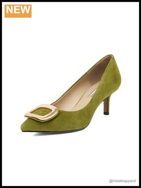Genuine Leather Kitten Heel Pumps 2 Inch Pointed Toe Dress Shoes Metal Buckle